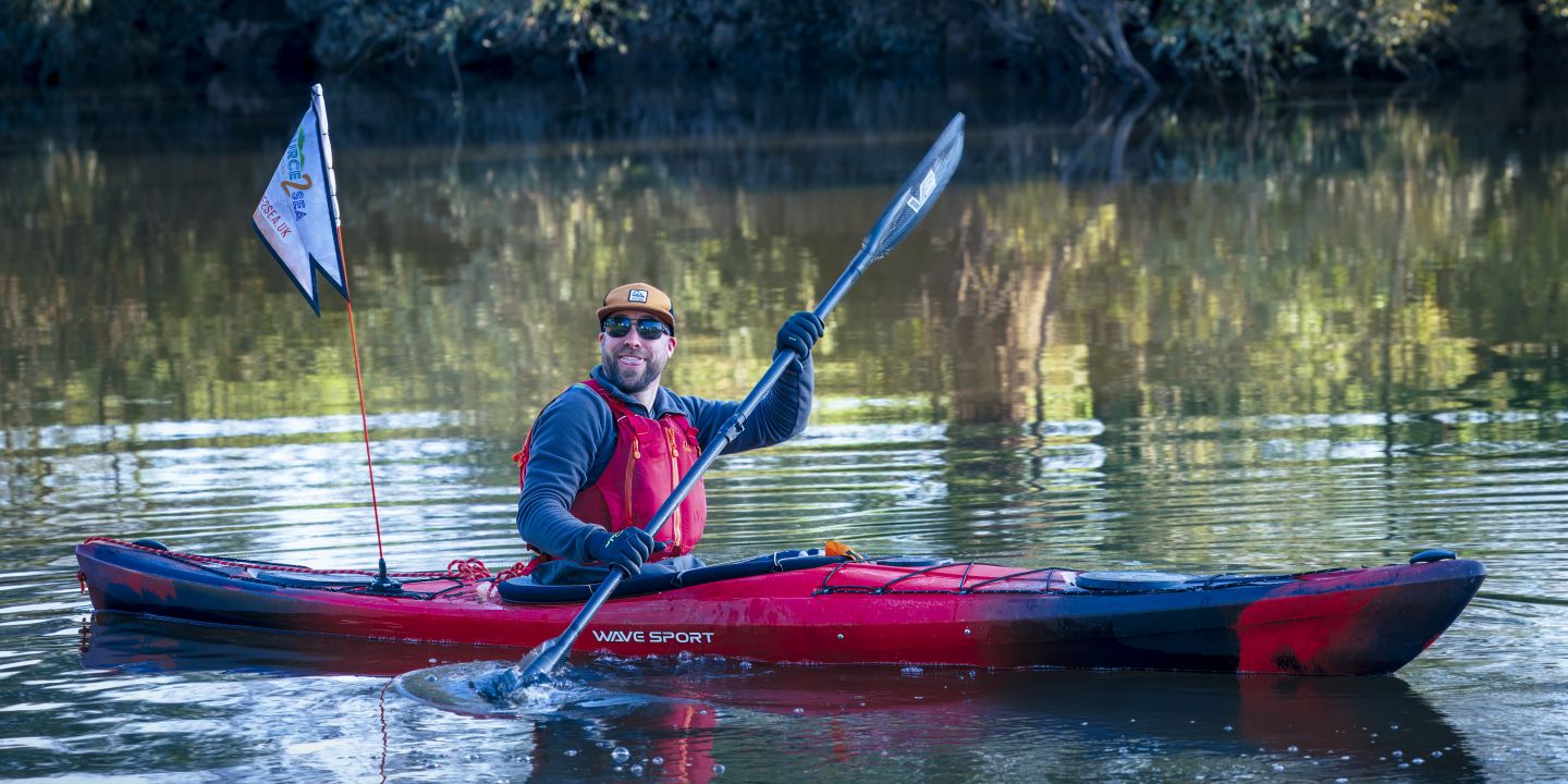 Sam kayaking on the River Severn, Day 7 — photo by Rob, Cotswold Photos